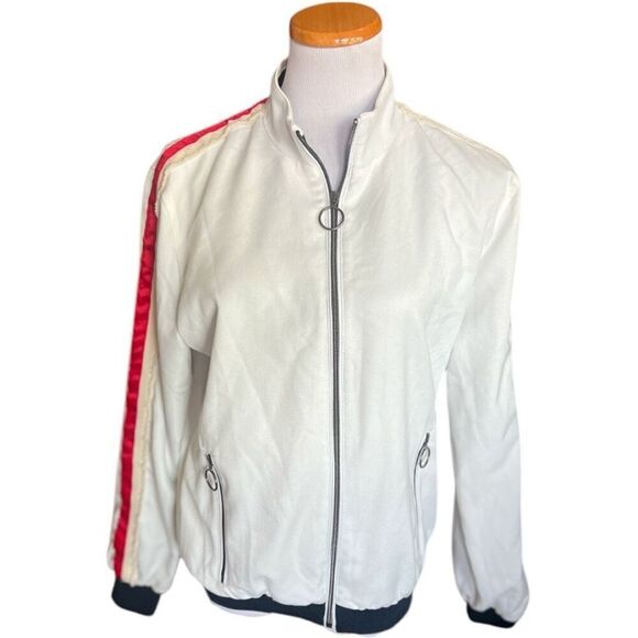 Mens Zara White & Red Striped Full Zip City Fit Bomber Jacket - Sz S - Picture 1 of 3